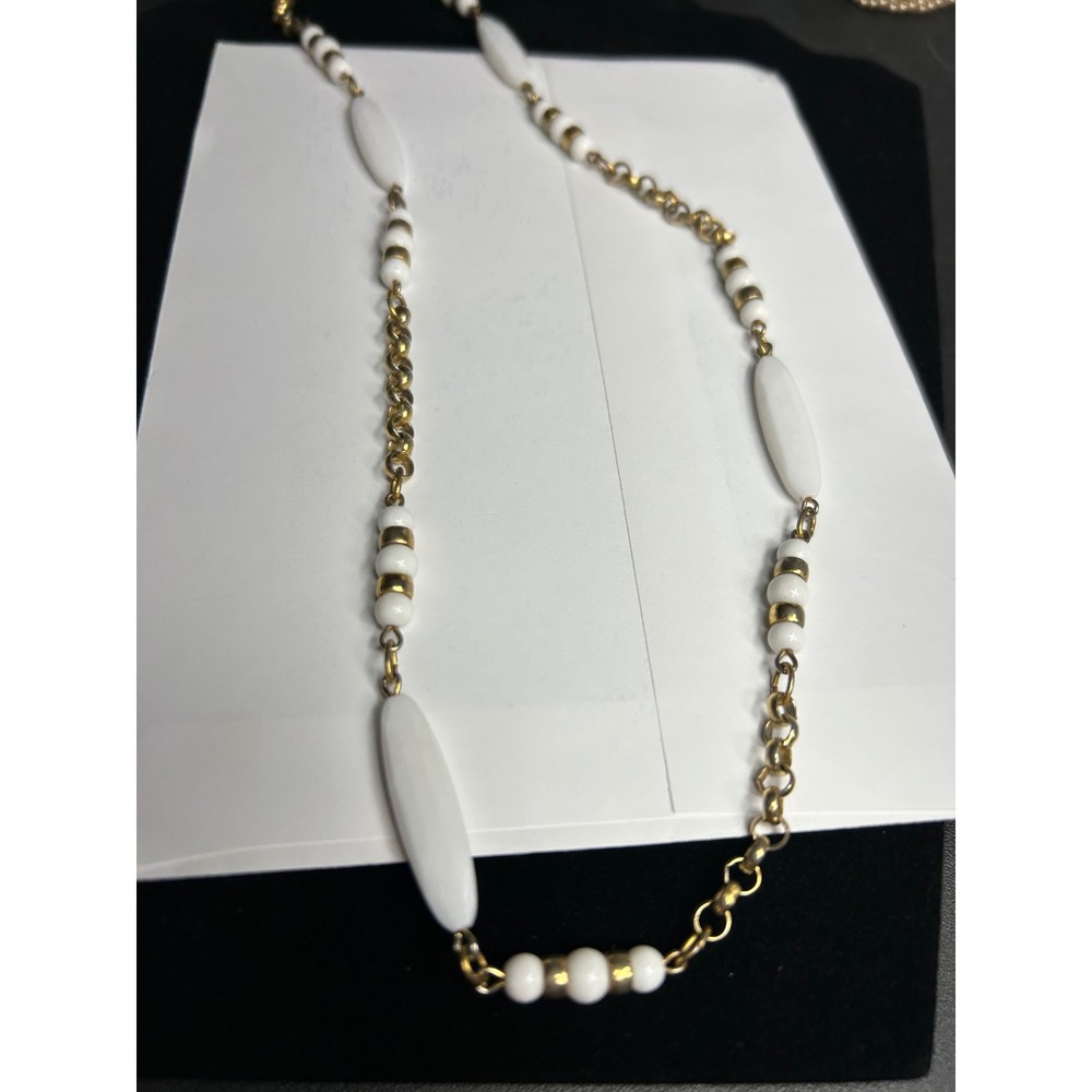 Vintage White Milk Glass Gold Tone Station Long Opera Necklace 32 Inch